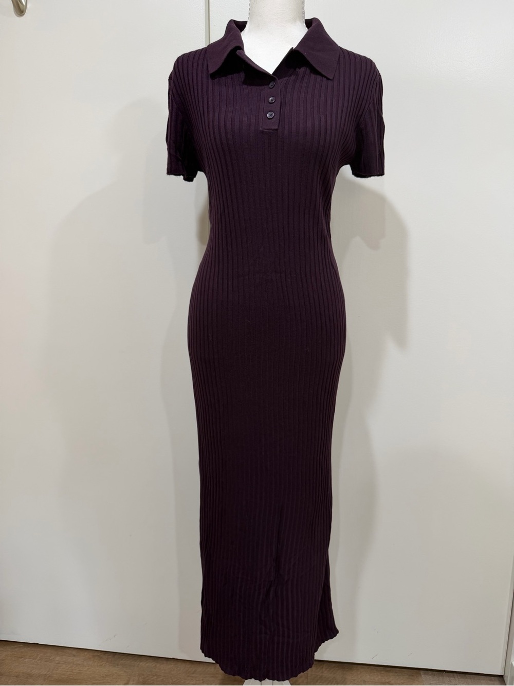 Women’s Ribbed Polo Midi Dress in Deep Plum